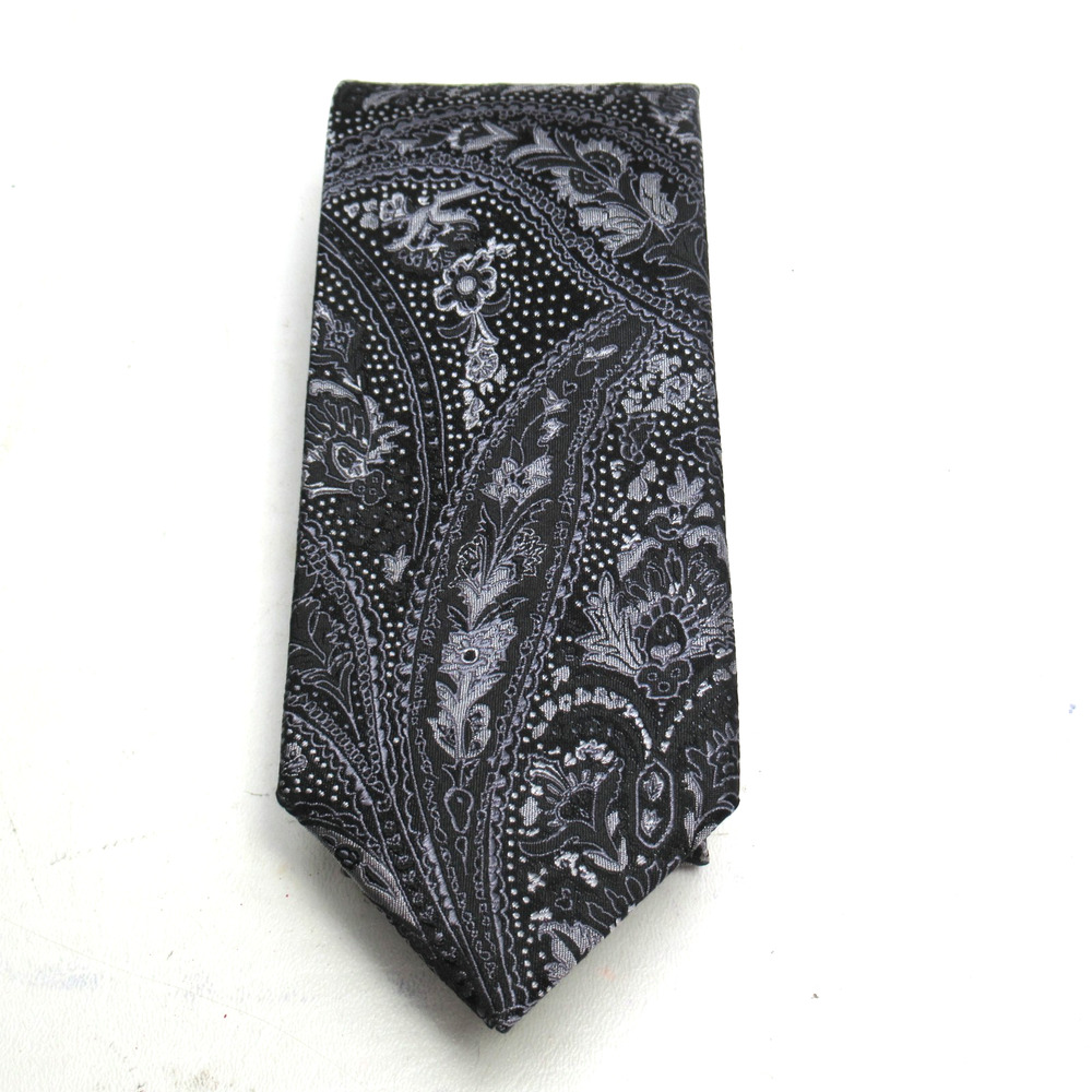 Vtg Geoffrey Beene Neck Tie Mens 58 in Silk Black Gray Tiny Floral Dots Skinny